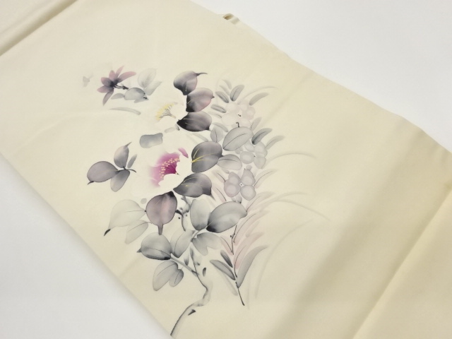 作家物　塩瀬手描き草花模様名古屋帯